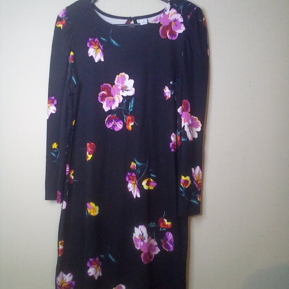 Old Navy Dress M Women Long Sleeve Floral Black Colorful Flowers